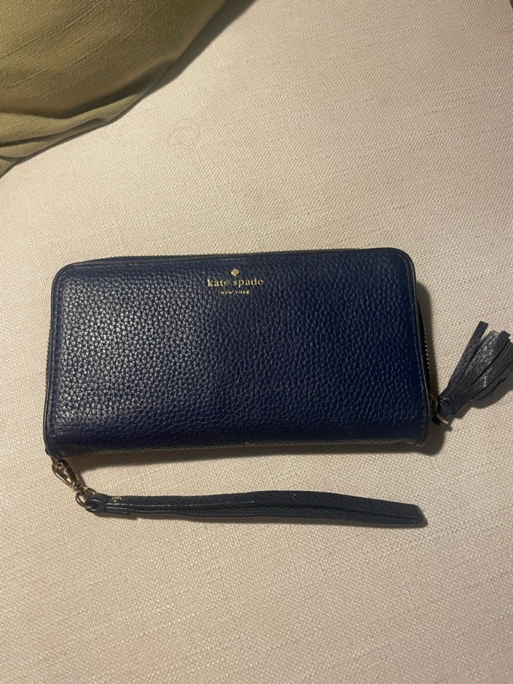 kate spade Navy Pebbled Leather Zip Wristlet with Tassel